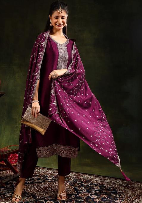 Purple Embroidered Silk Blend Kurta Set
