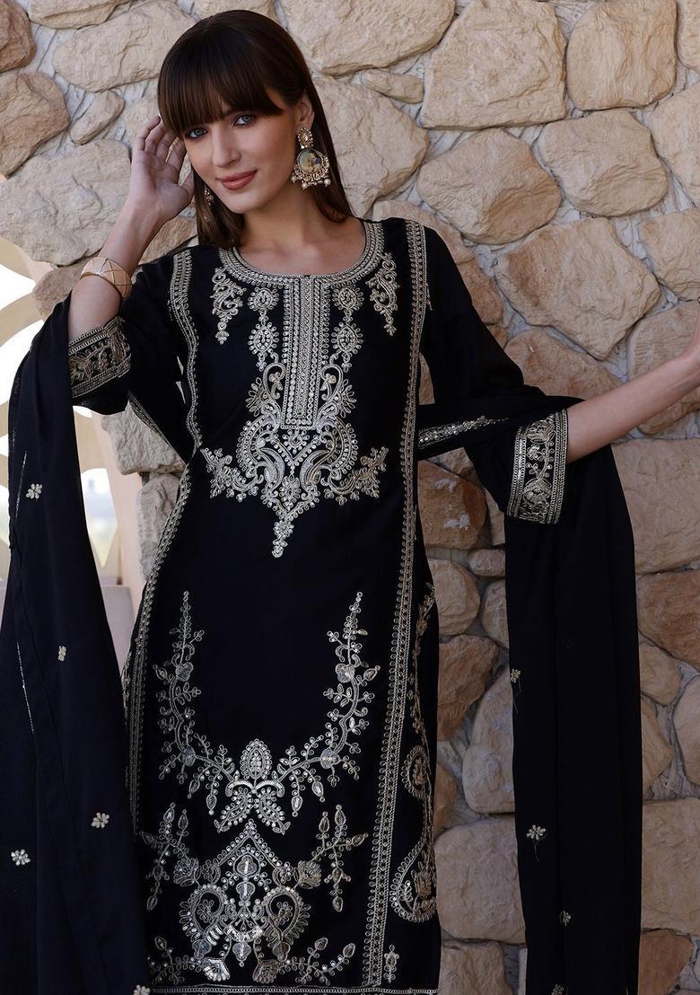 Black Solid Shantoon Kurta Set - Indya