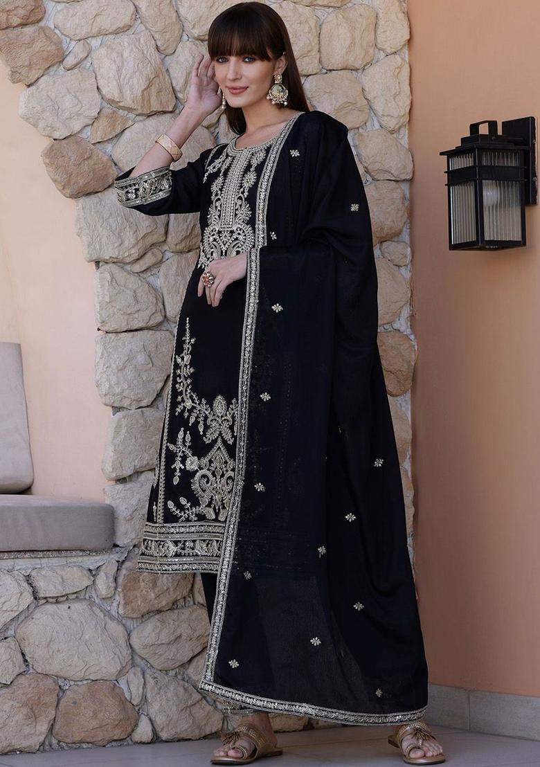 Black Solid Shantoon Kurta Set - Indya