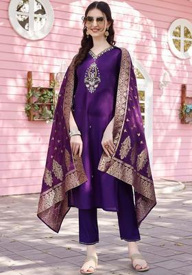 Purple Solid Cotton Blend Kurta Set