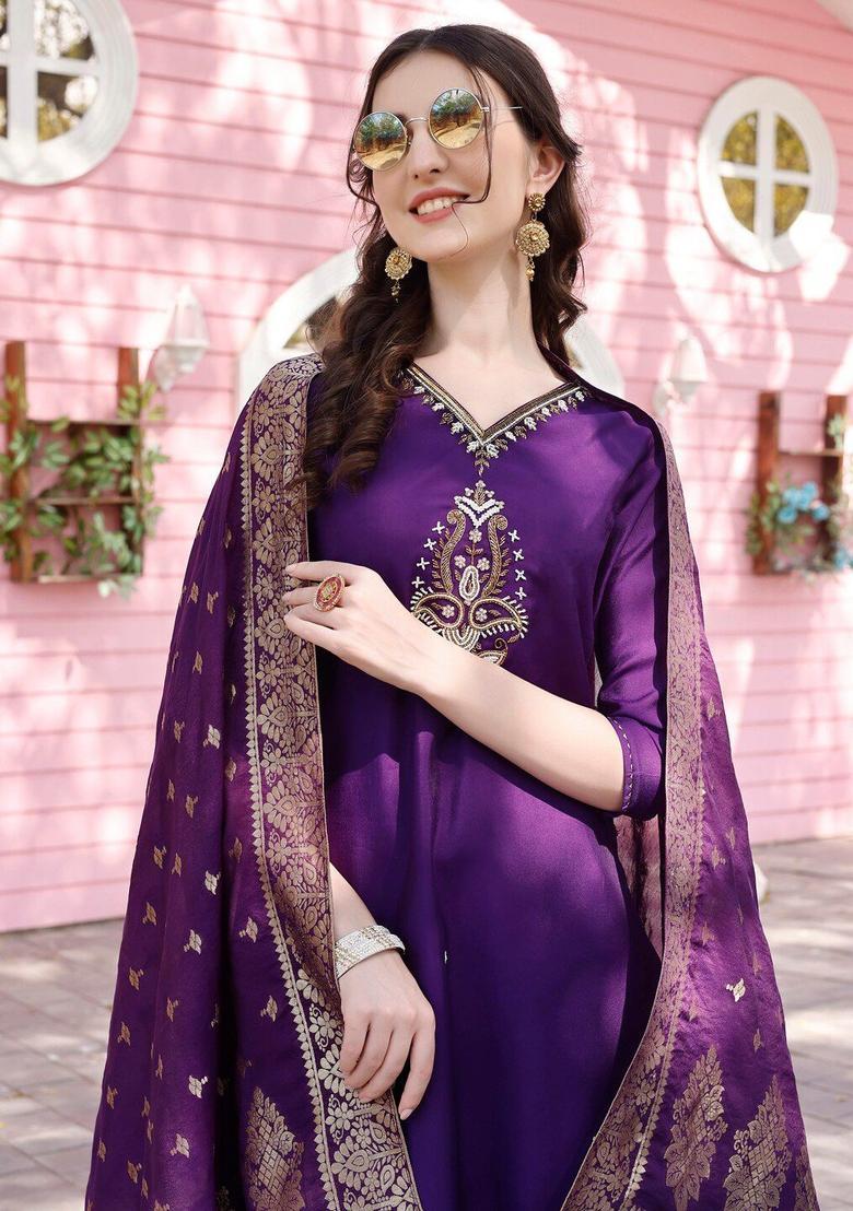 Purple Solid Cotton Blend Kurta Set - Indya