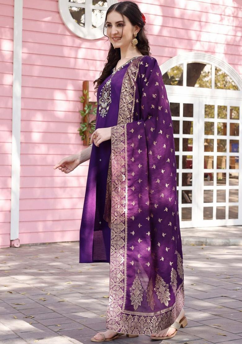 Purple Solid Cotton Blend Kurta Set - Indya