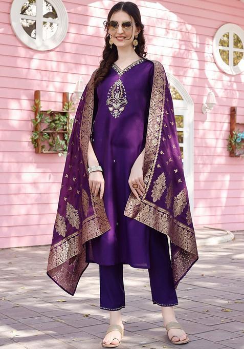 Purple Solid Cotton Blend Kurta Set