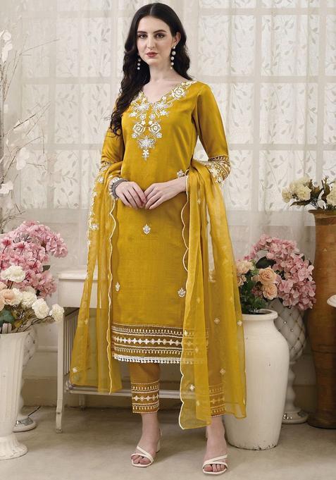 Mustard Embroidered Cotton Blend Kurta Set
