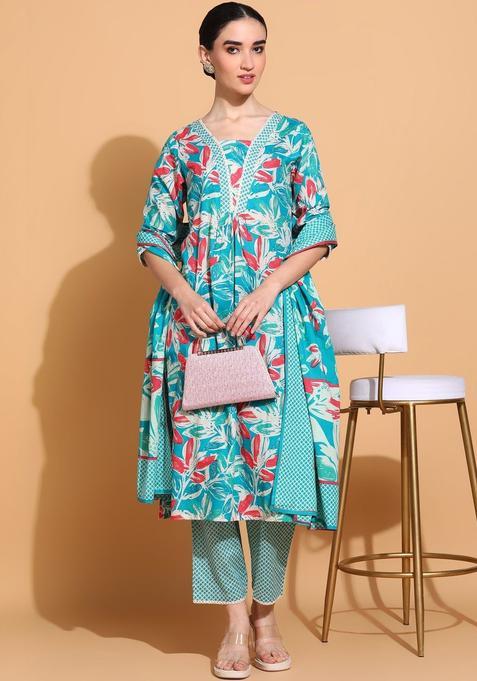 Turquoise Blue Printed Cotton Kurta Set
