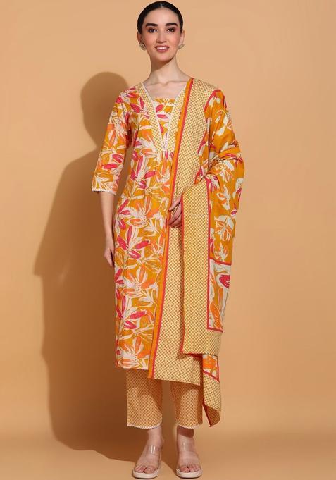 Yellow Printed Cotton Kurta Set