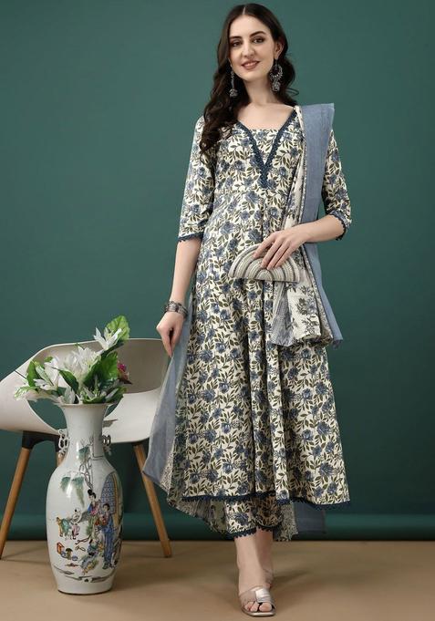 Navy Blue Printed Cotton Kurta Set