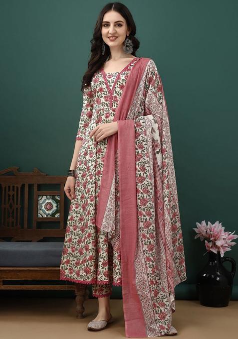 Magenta Printed Cotton Kurta Set