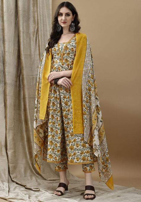 Off White Printed Cotton Kurta Set
