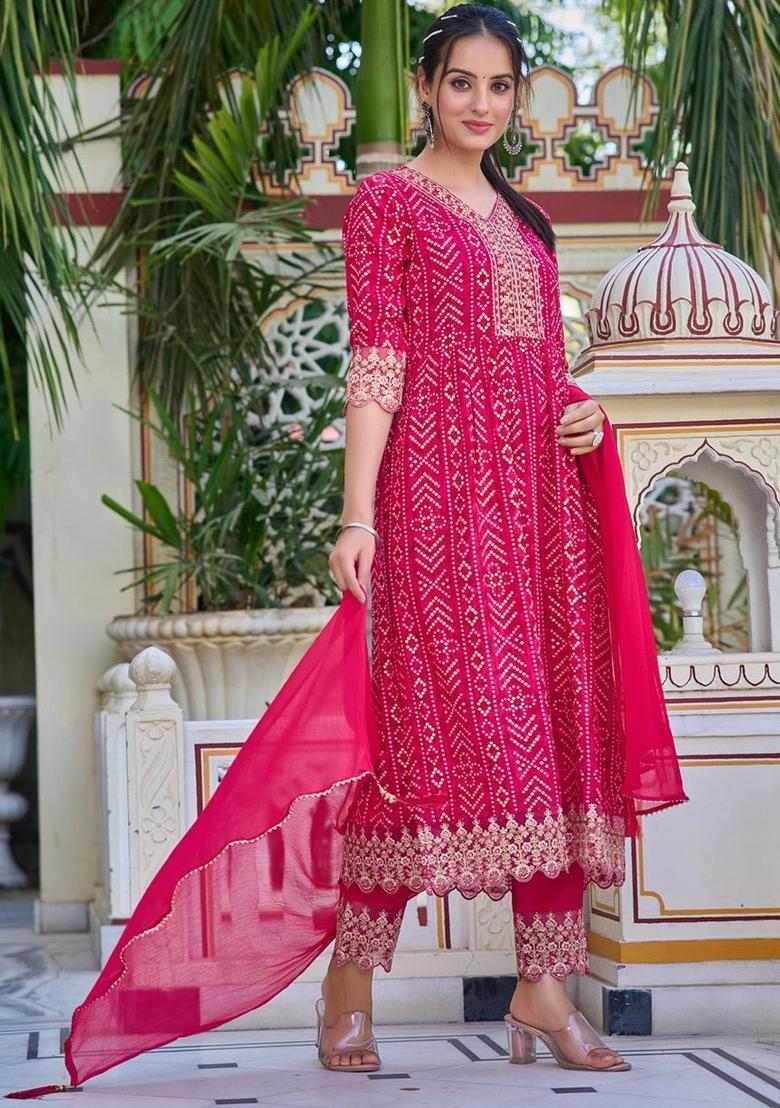 Pink Embroidered Viscose Rayon Kurta Set - Indya