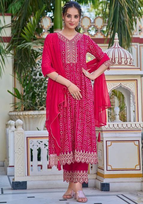 Pink Embroidered Viscose Rayon Kurta Set