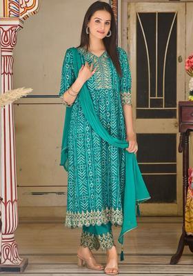 Teal Embroidered Viscose Rayon Kurta Set