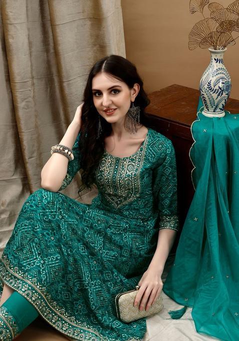 Teal Printed Viscose Rayon Kurta Set