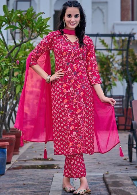 Pink Printed Viscose Rayon Kurta Set