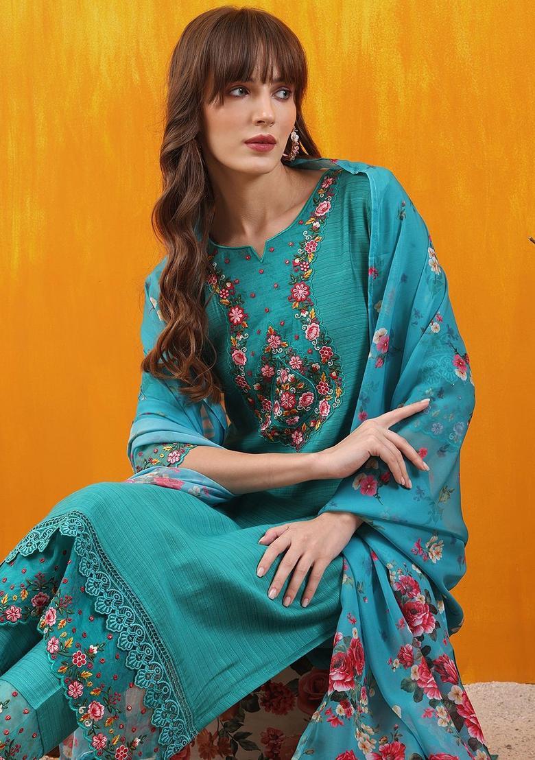 Teal Embroidered Cotton Blend Kurta Set - Indya