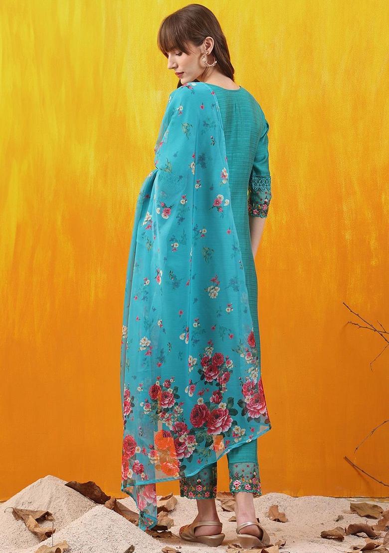 Teal Embroidered Cotton Blend Kurta Set - Indya