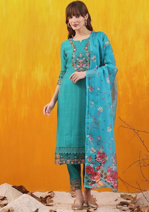 Teal Embroidered Cotton Blend Kurta Set