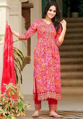 Pink Embroidered Viscose Rayon Kurta Set