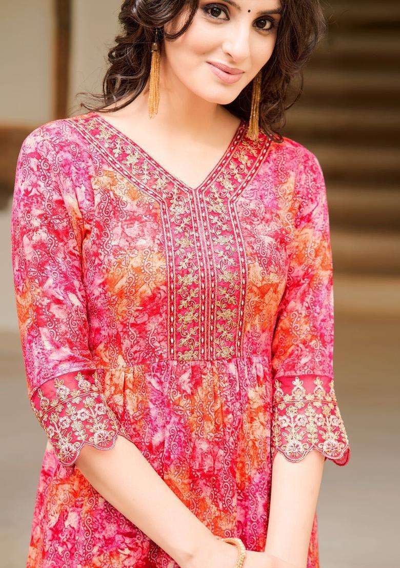 Pink Embroidered Viscose Rayon Kurta Set - Indya