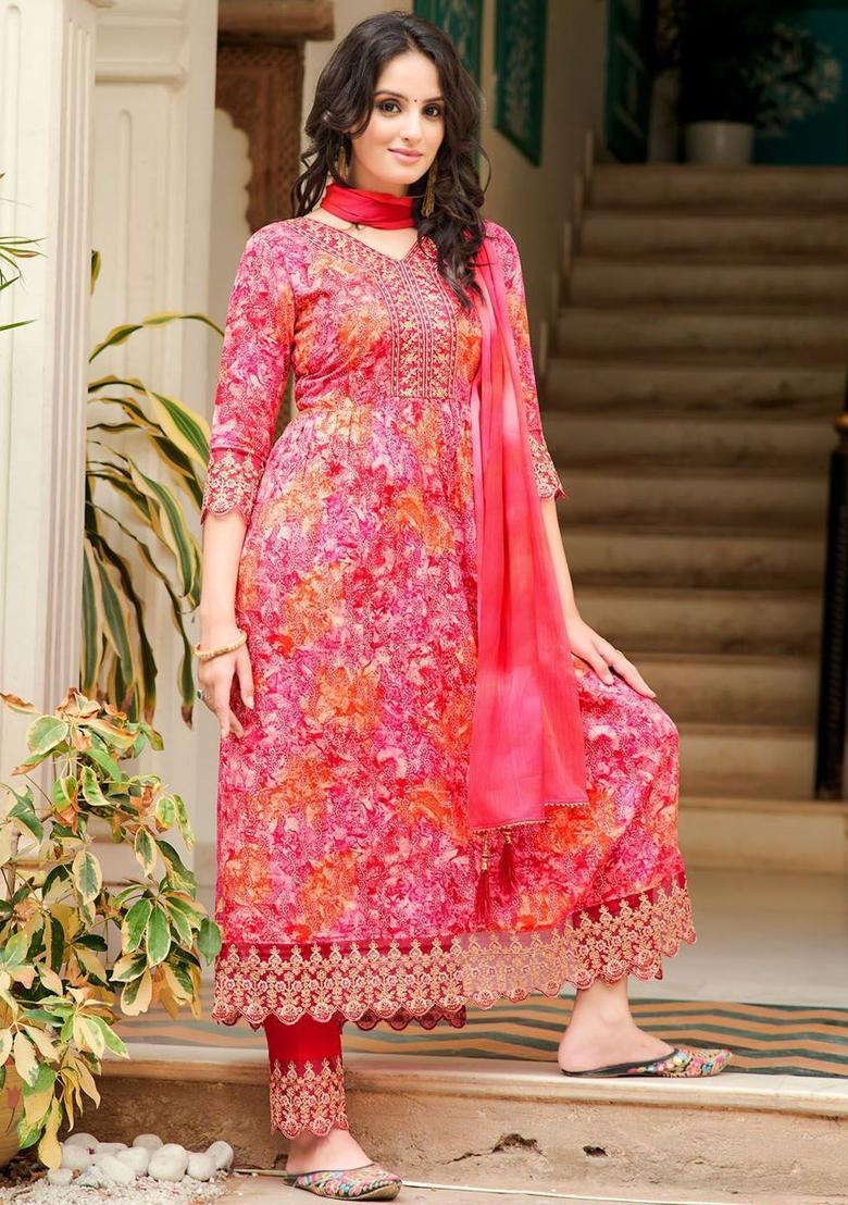 Pink Embroidered Viscose Rayon Kurta Set - Indya