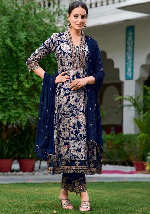 Navy Blue Embroidered Viscose Rayon Kurta Set