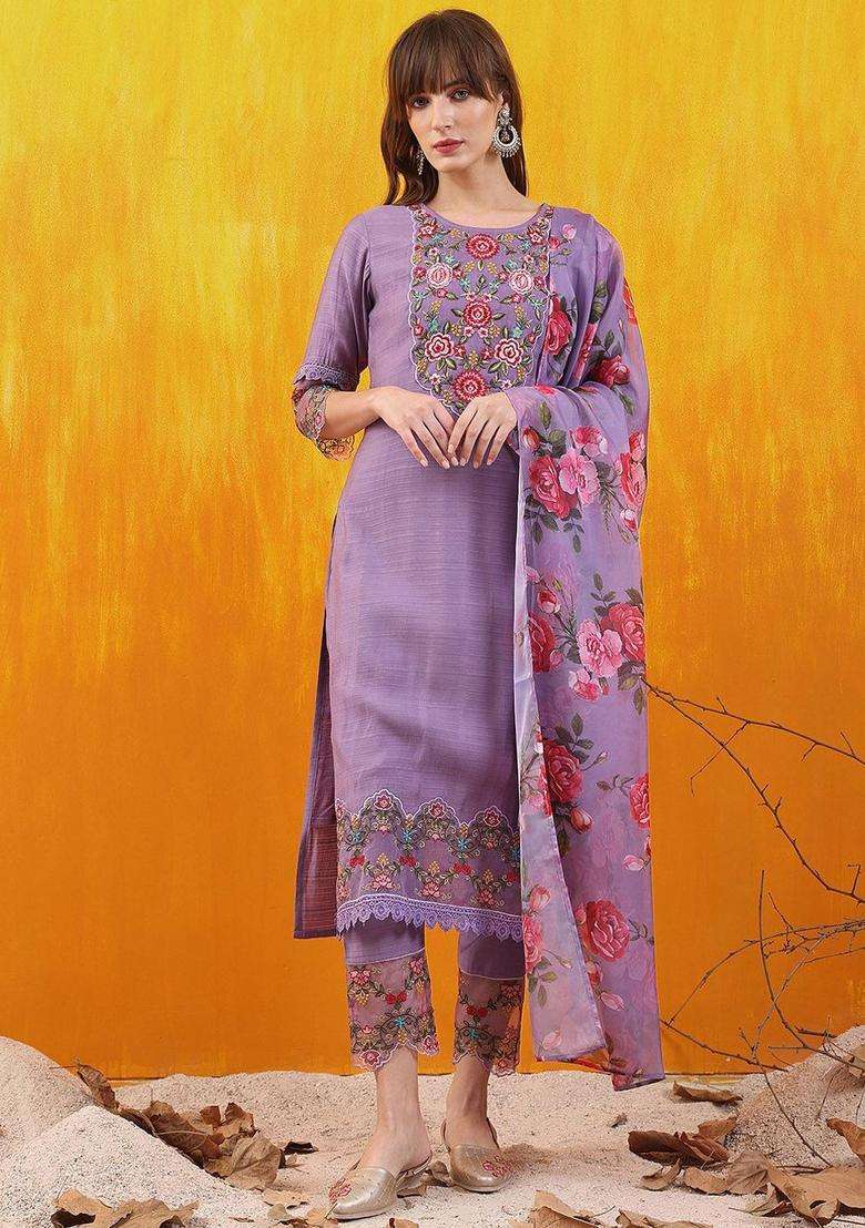 Lavender Embroidered Cotton Blend Kurta Set - Indya