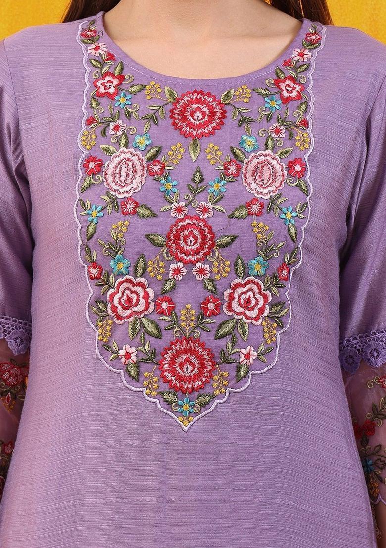 Lavender Embroidered Cotton Blend Kurta Set - Indya