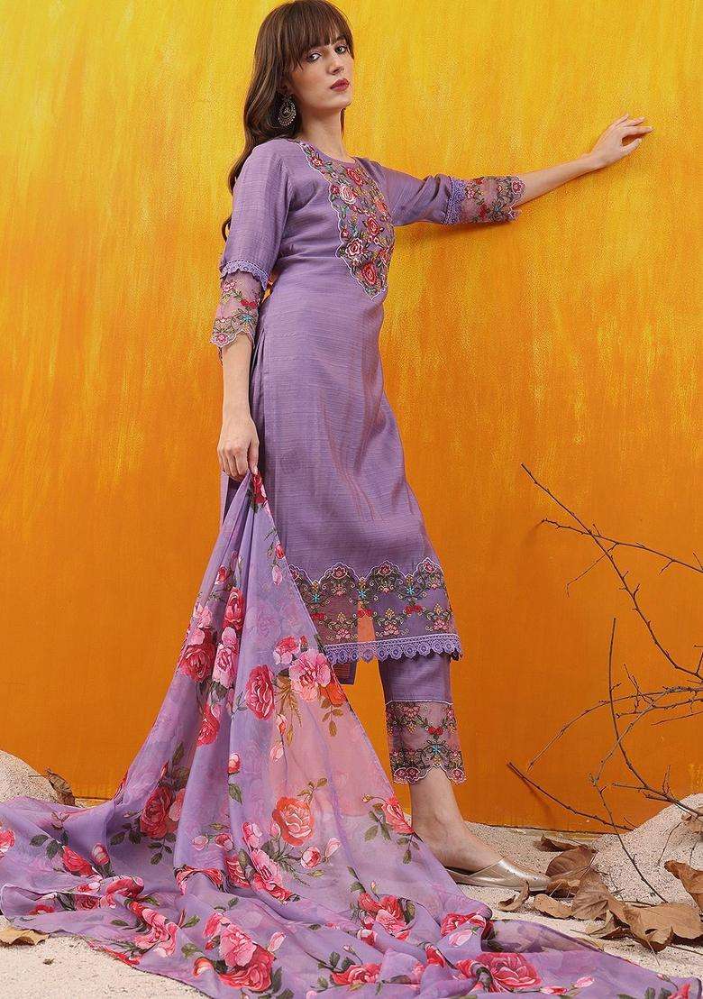 Lavender Embroidered Cotton Blend Kurta Set - Indya