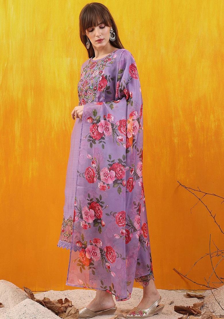 Lavender Embroidered Cotton Blend Kurta Set - Indya