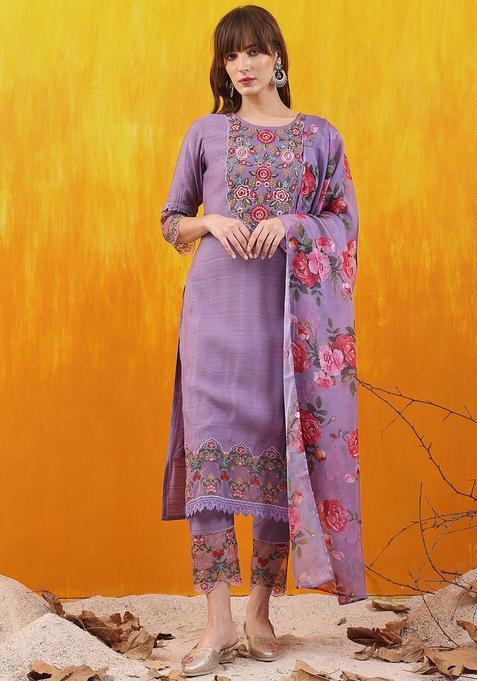 Lavender Embroidered Cotton Blend Kurta Set