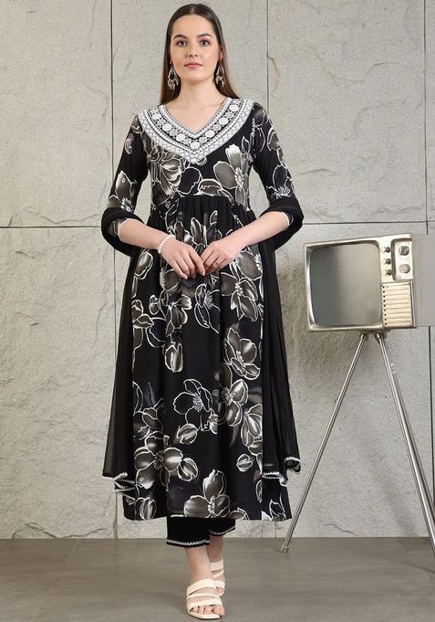 Black Self Design Viscose Rayon Kurta Set