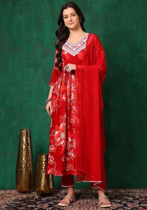 Red Solid Viscose Rayon Kurta Set
