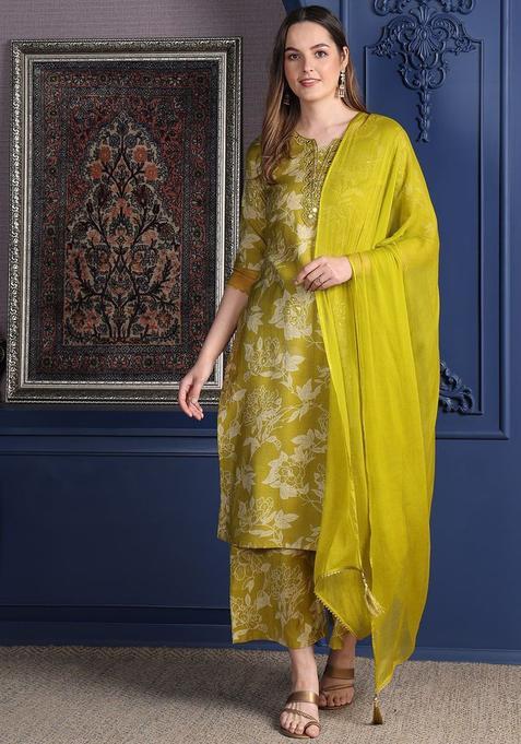 Green Printed Viscose Rayon Kurta Set