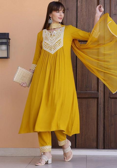 Mustard Embroidered Viscose Rayon Kurta Set