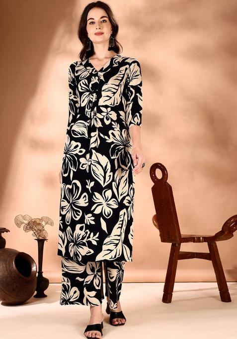 Black Printed Viscose Rayon Kurta Set