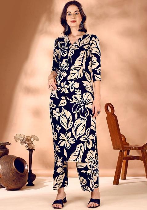 Black Printed Viscose Rayon Kurta Set