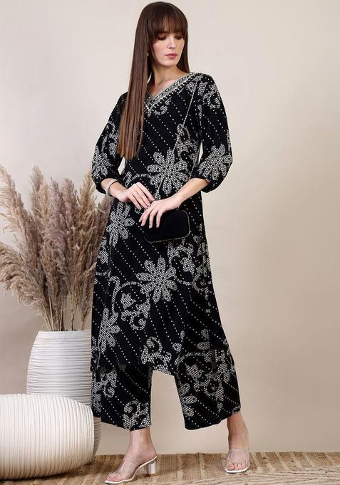 Black Printed Viscose Rayon Kurta Set
