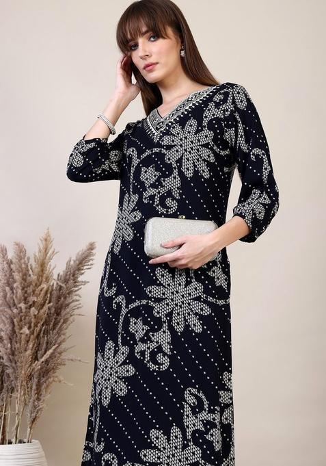 Navy Blue Printed Viscose Rayon Kurta Set