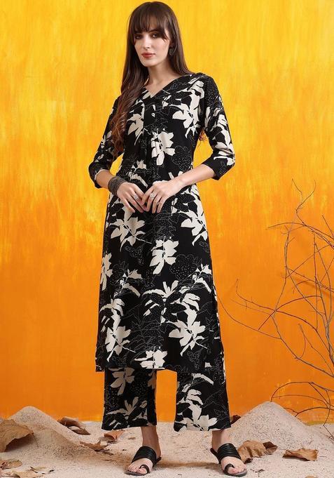 Black Printed Viscose Rayon Kurta Set