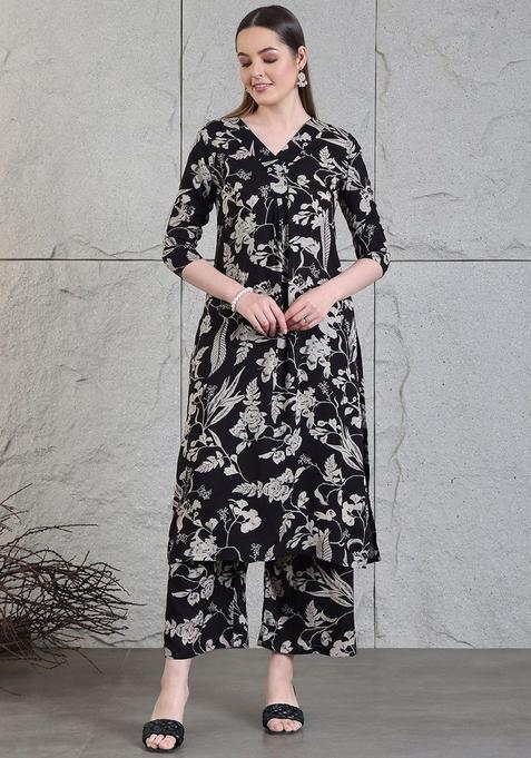 Black Printed Viscose Rayon Kurta Set