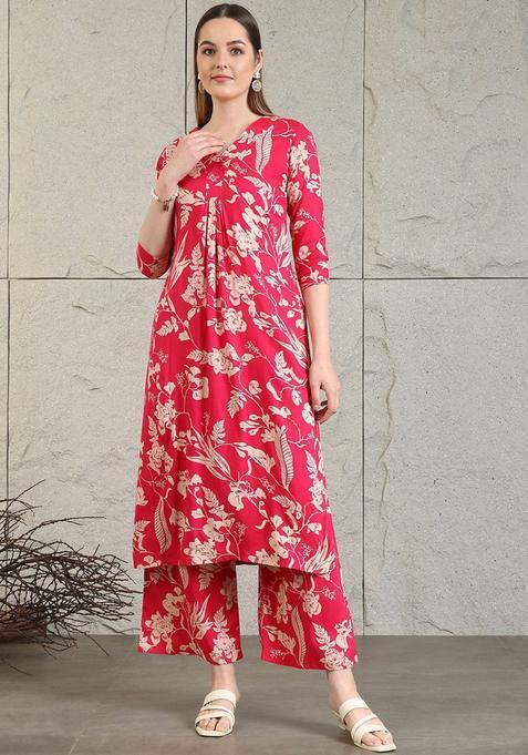 Pink Printed Viscose Rayon Kurta Set