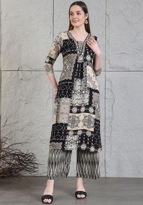 Black Printed Viscose Rayon Kurta Set