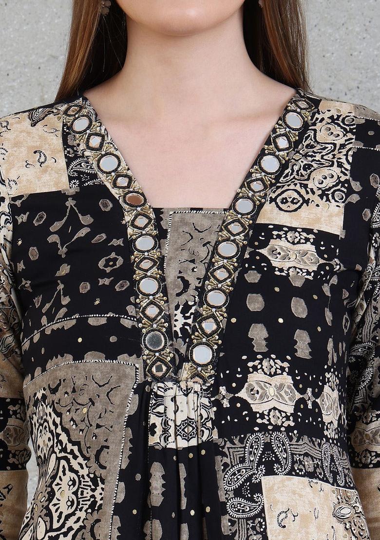 Black Printed Viscose Rayon Kurta Set - Indya