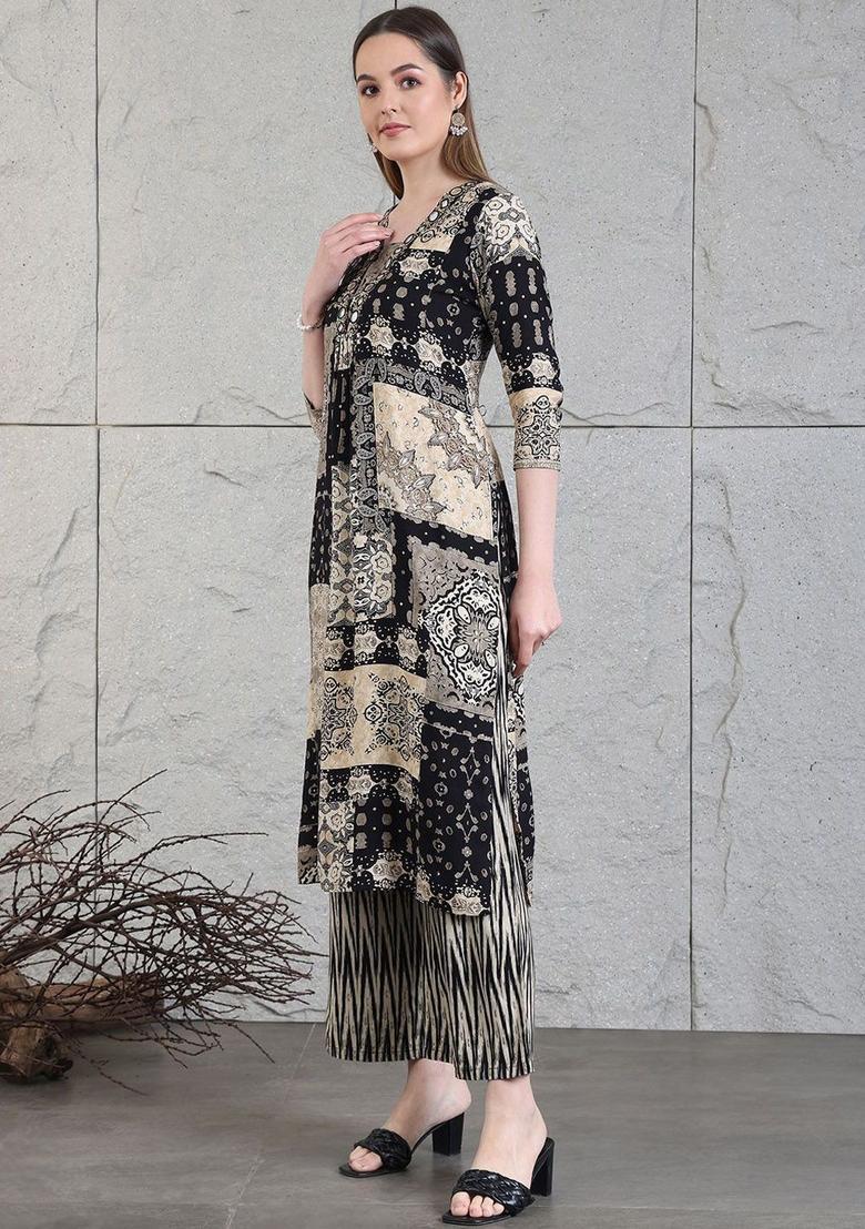 Black Printed Viscose Rayon Kurta Set - Indya