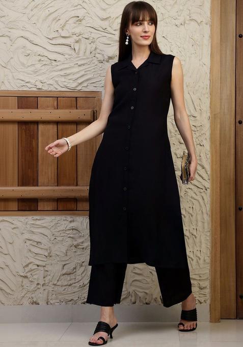 Black Solid Silk Blend Kurta Set