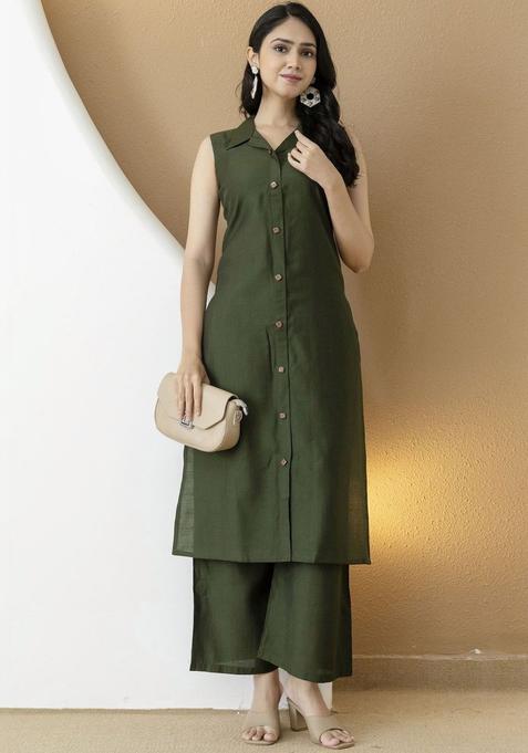 Olive Solid Silk Blend Kurta Set