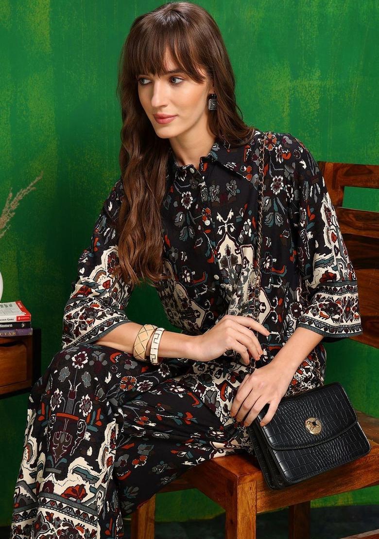 black Zari Work Silk Blend Kurta Set - Indya