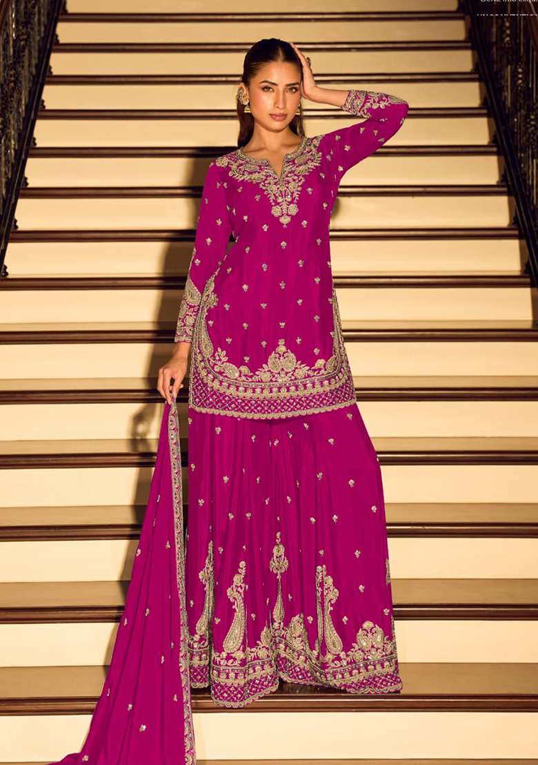 Rani Pink Embroidered Silk Blend Sharara Set - Indya