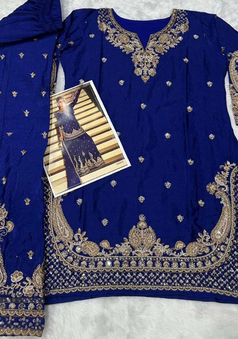 Dark Blue Embroidered Silk Blend Sharara Set - Indya