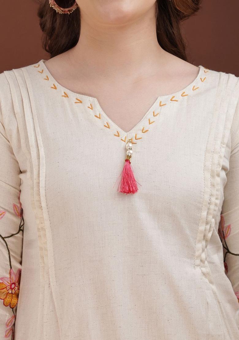 cream Zari Work shimmer Kurta Set - Indya